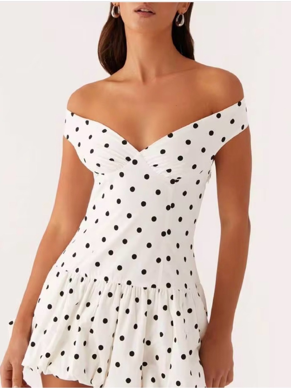 Off-Shoulder White Polka Dot Mini Dress